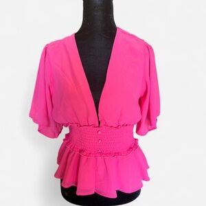 Women's Pink V-Neck Smocked Waist Blouse
